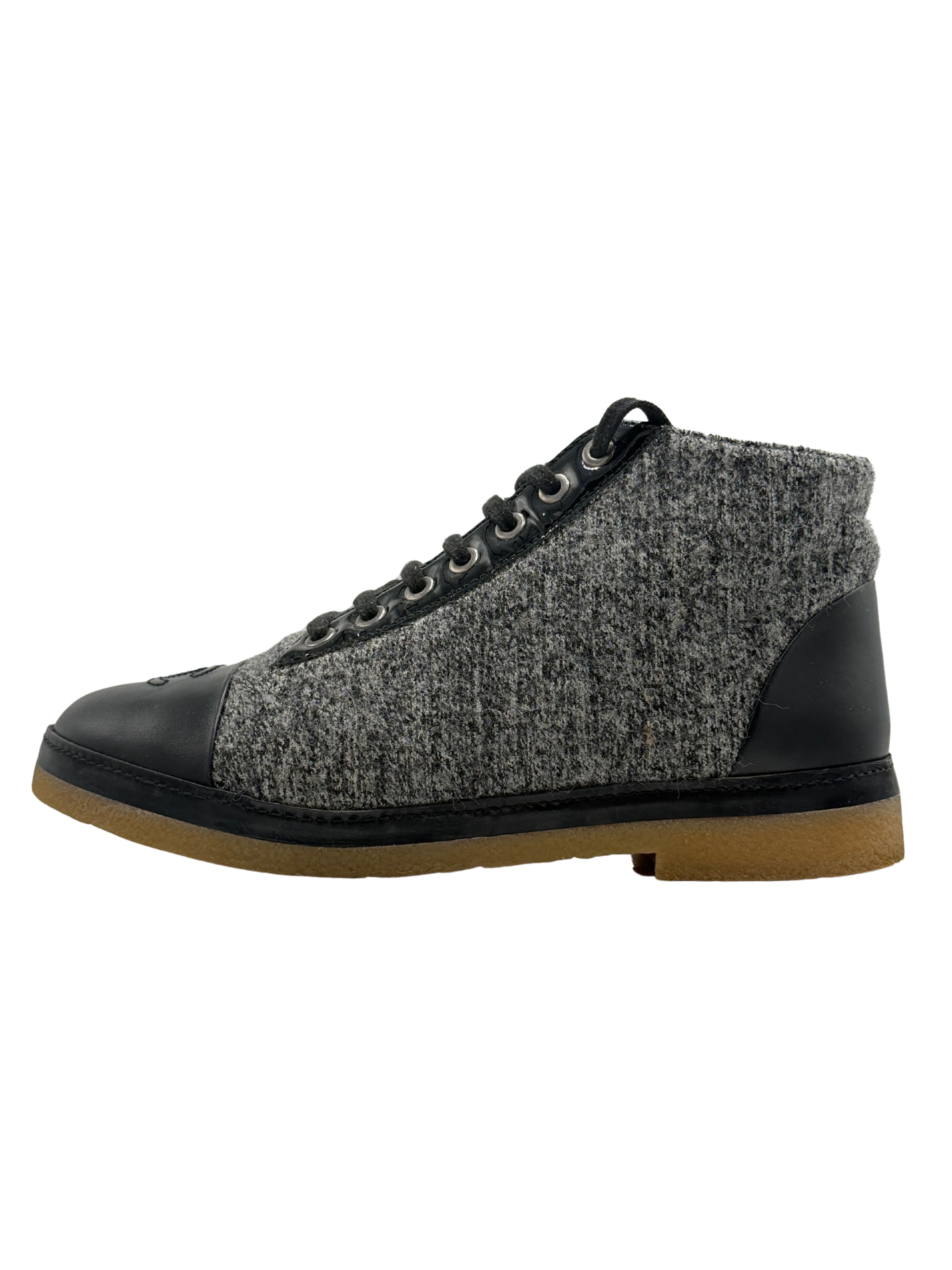Chanel Tweed and Leather CC Cap Toe High Top Sneakers - Grey