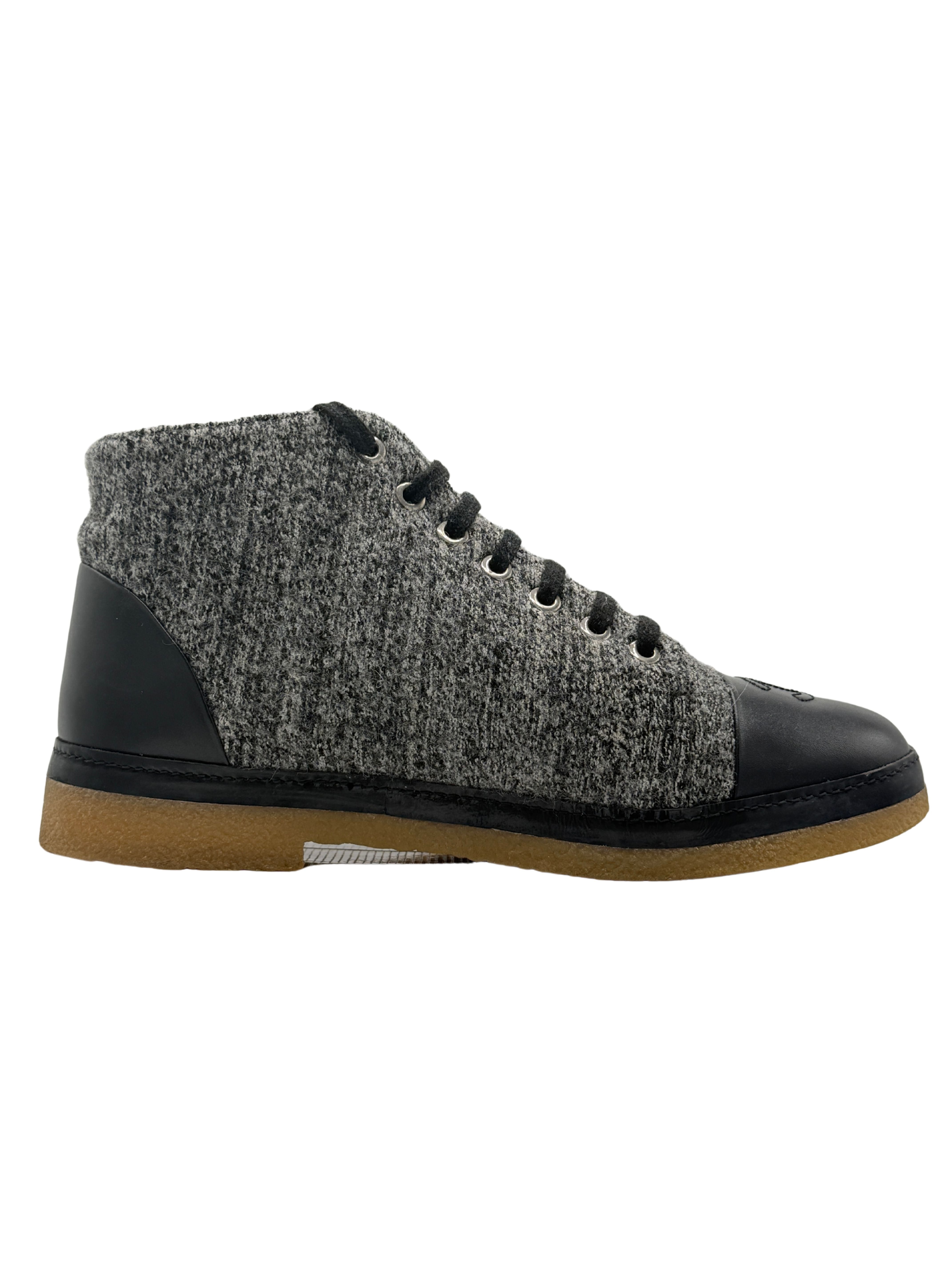 Chanel Tweed and Leather CC Cap Toe High Top Sneakers - Grey