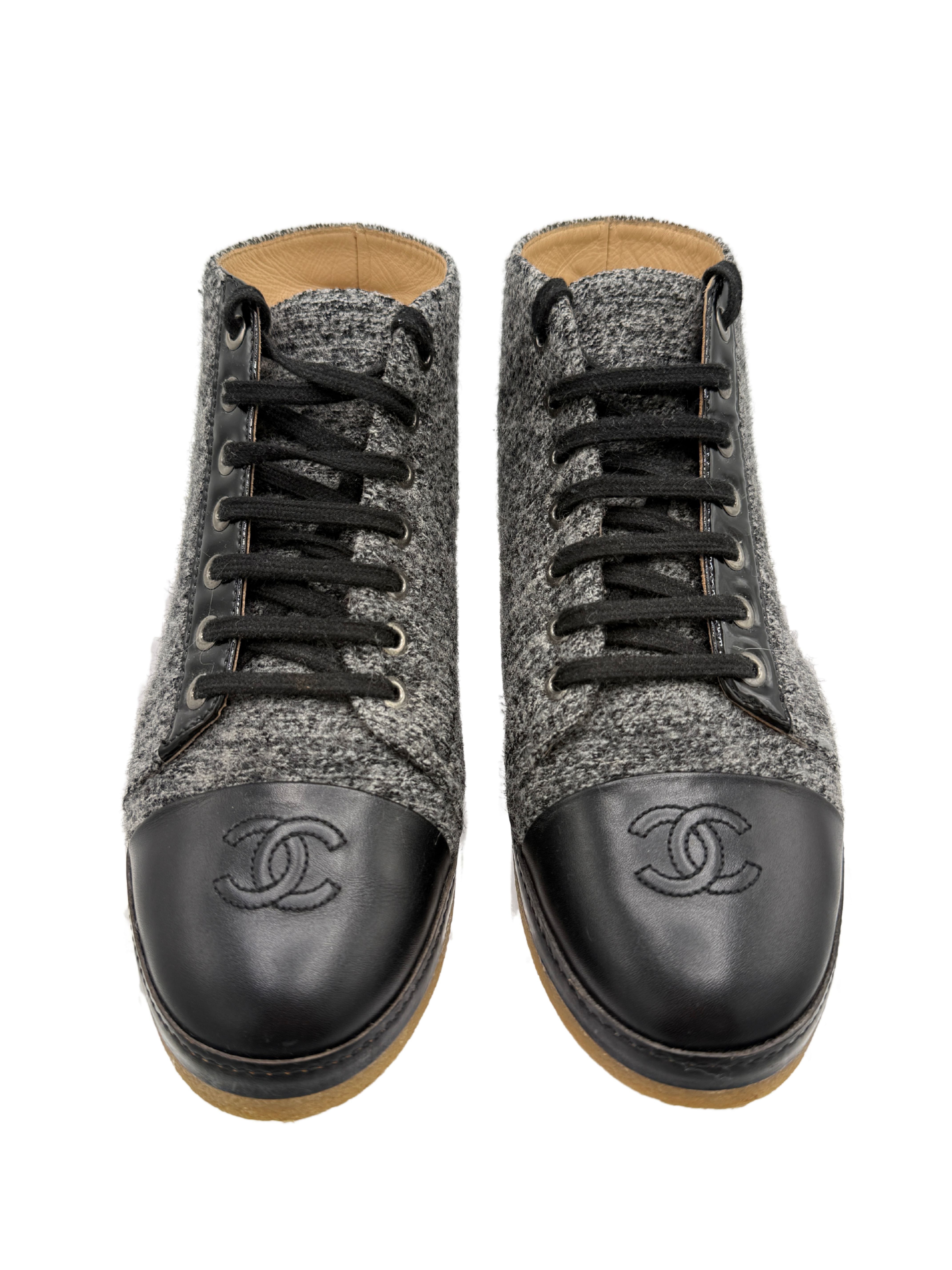 Chanel Tweed and Leather CC Cap Toe High Top Sneakers - Grey