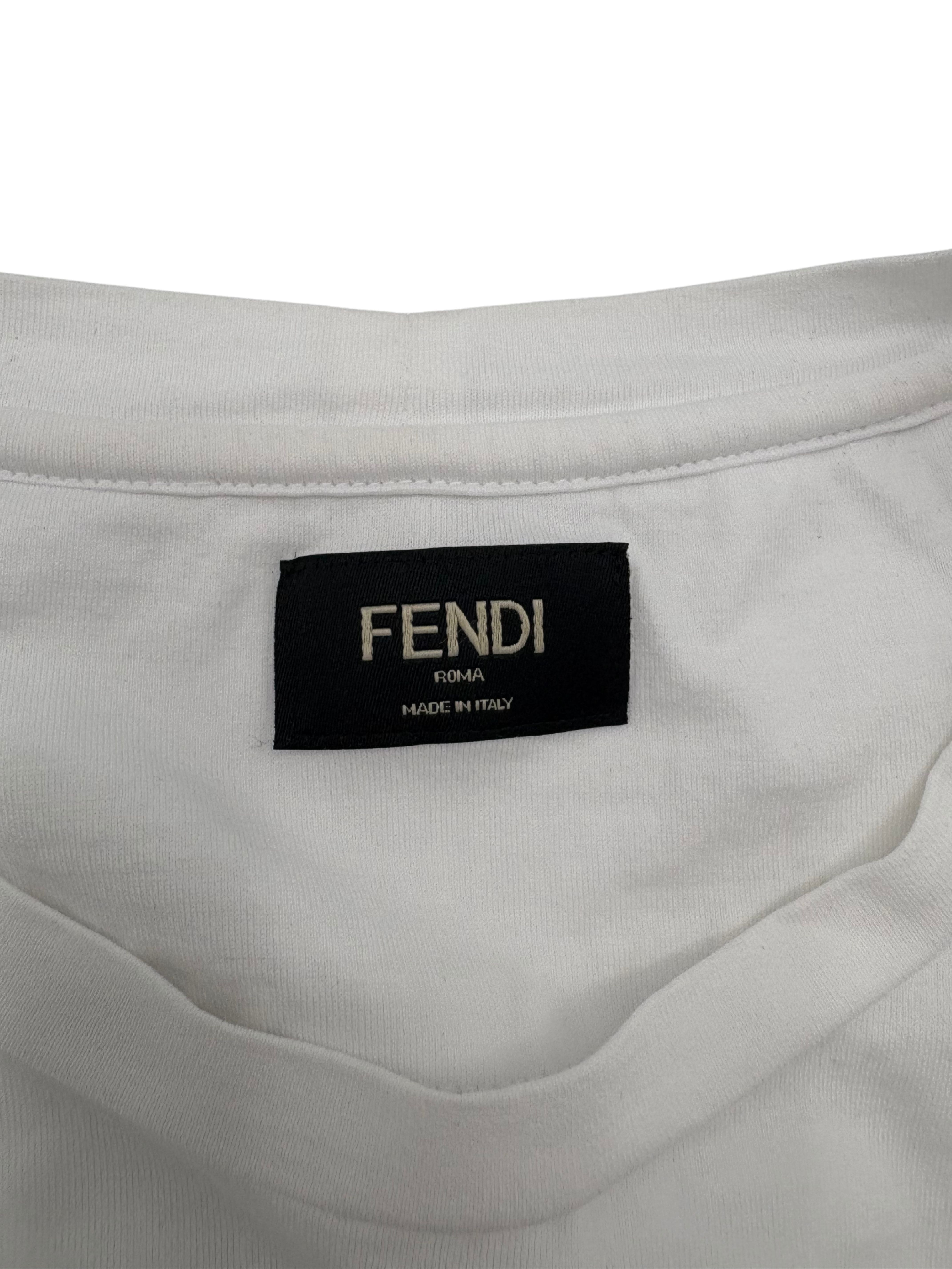 Fendi Logo Patch Cotton Crew Neck T-Shirt- White Fendi