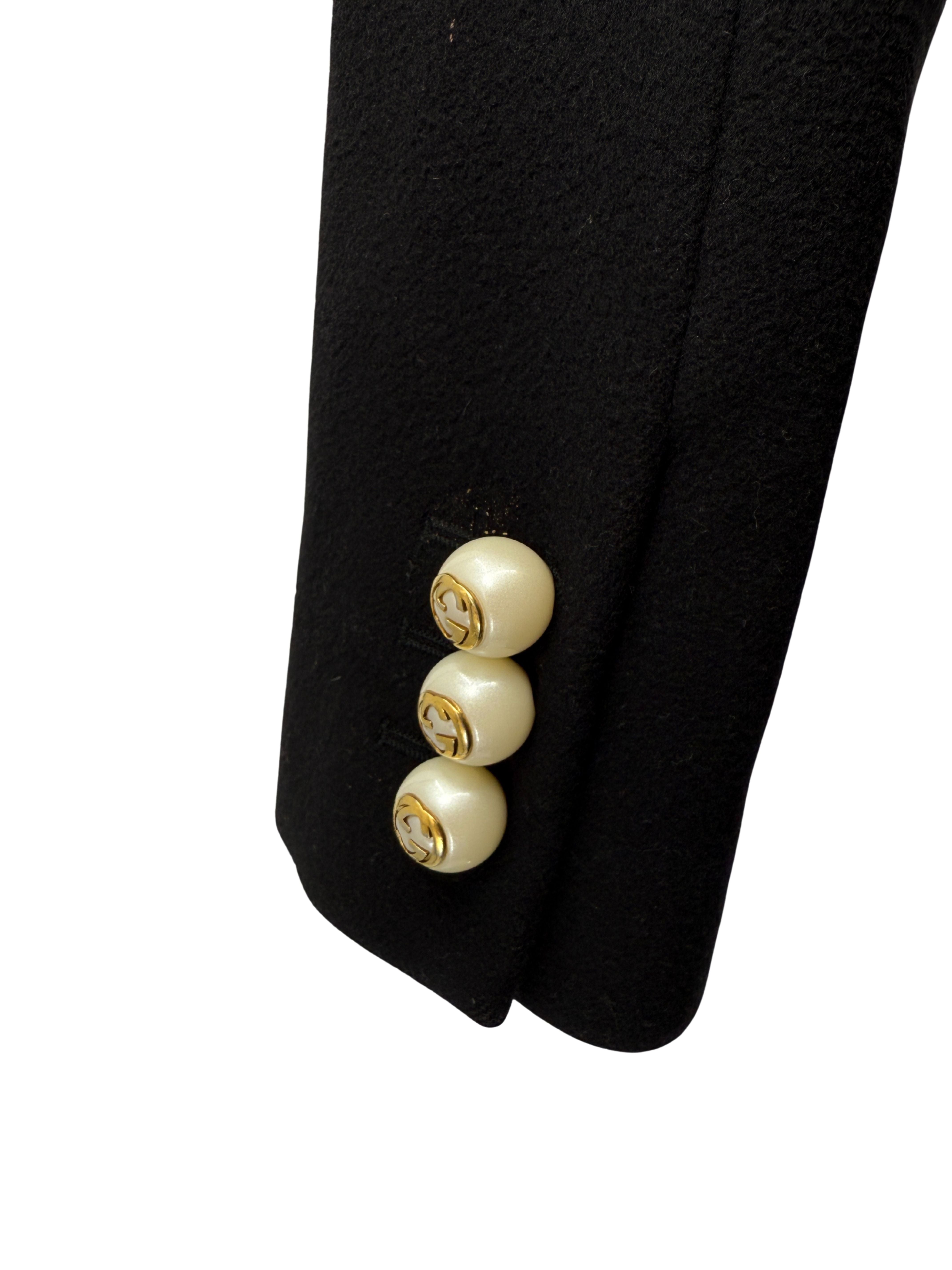 WOMEN'S Gucci Pearl GG Button Wool Coat - Black