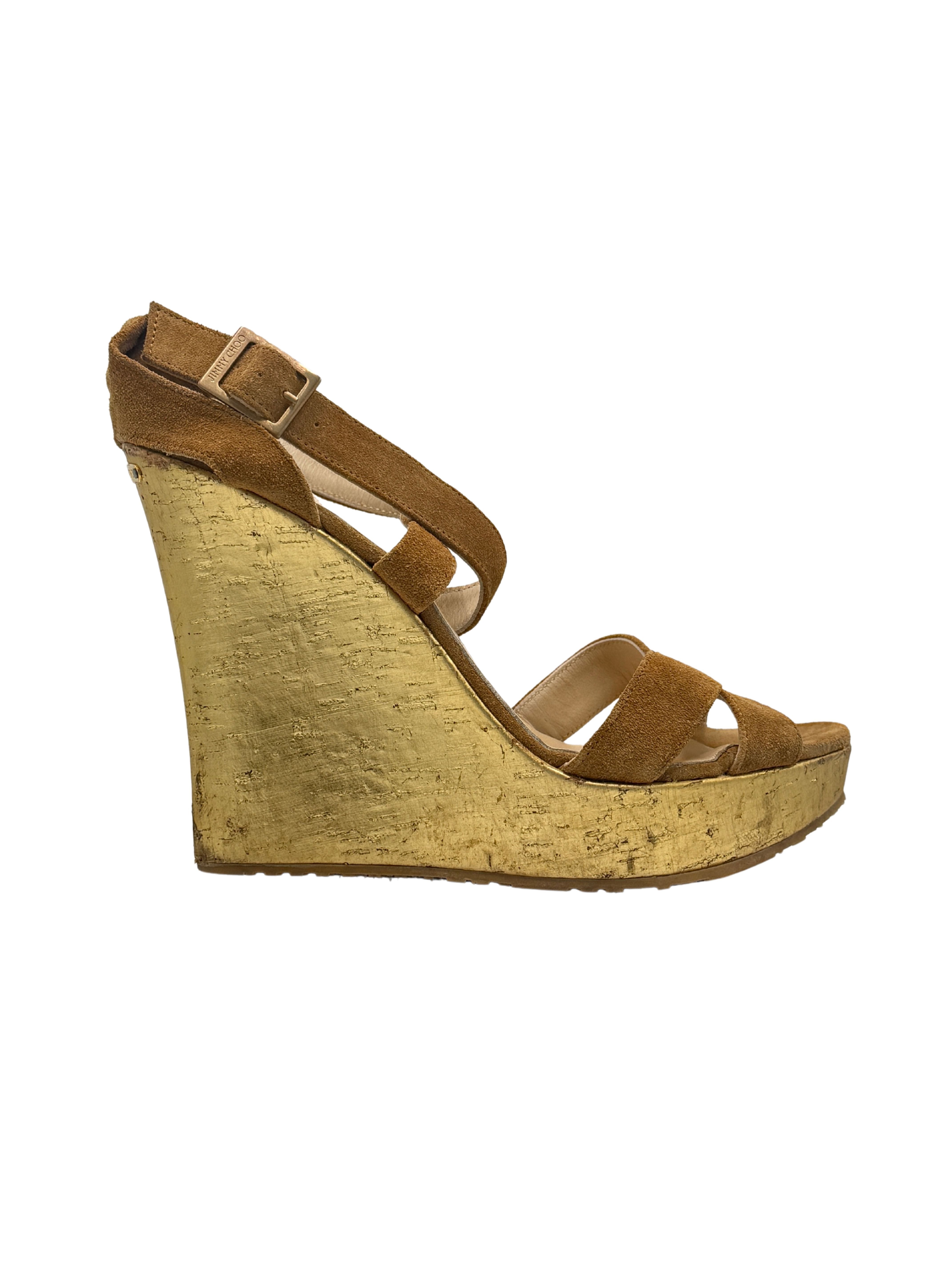 Jimmy Choo Gold Metallic Cork Wedge Platform Sandals - Brown