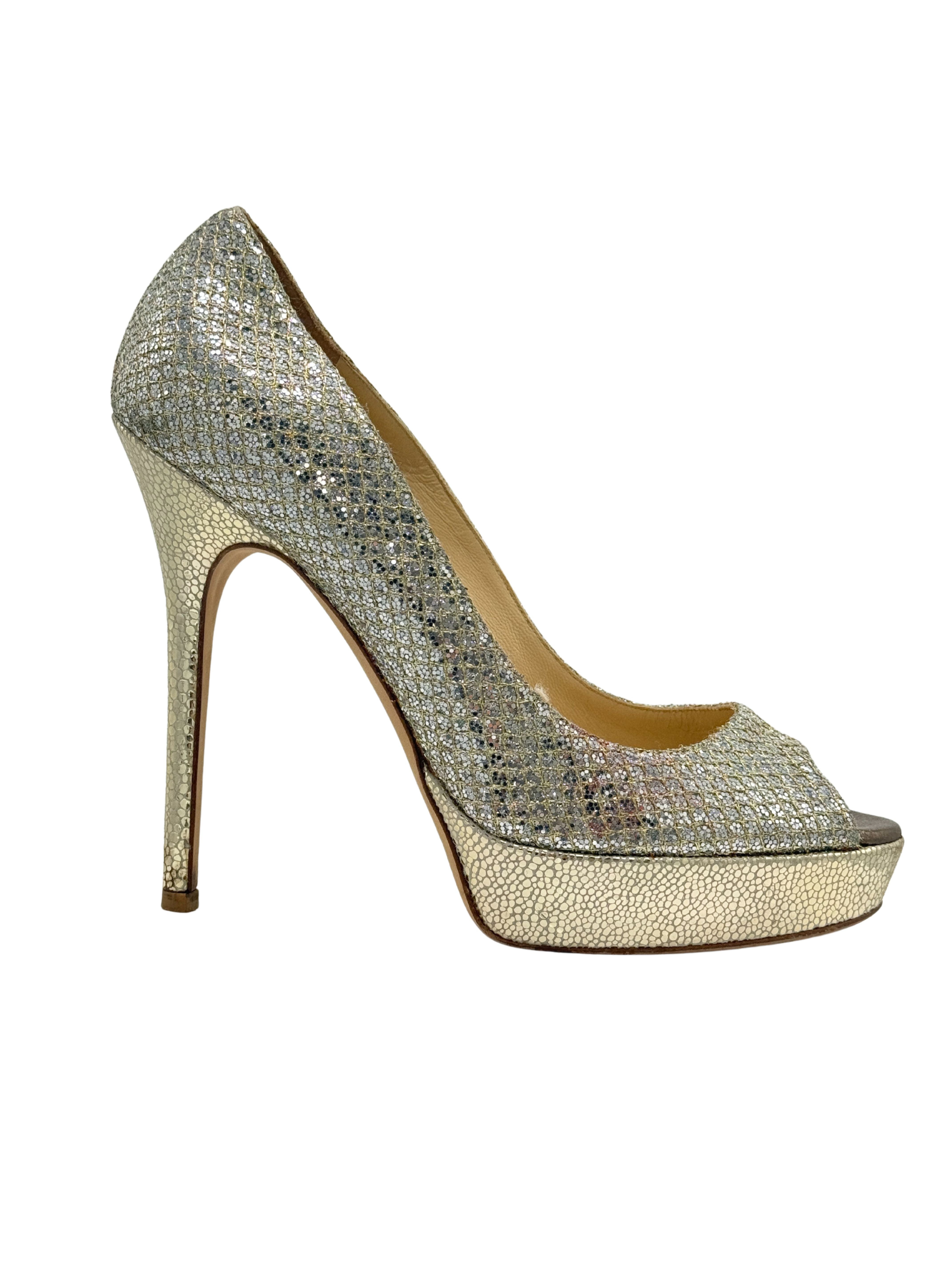 Jimmy Choo Metallic Glitter Dahlia Peep Toe Platform Pumps - Champagne