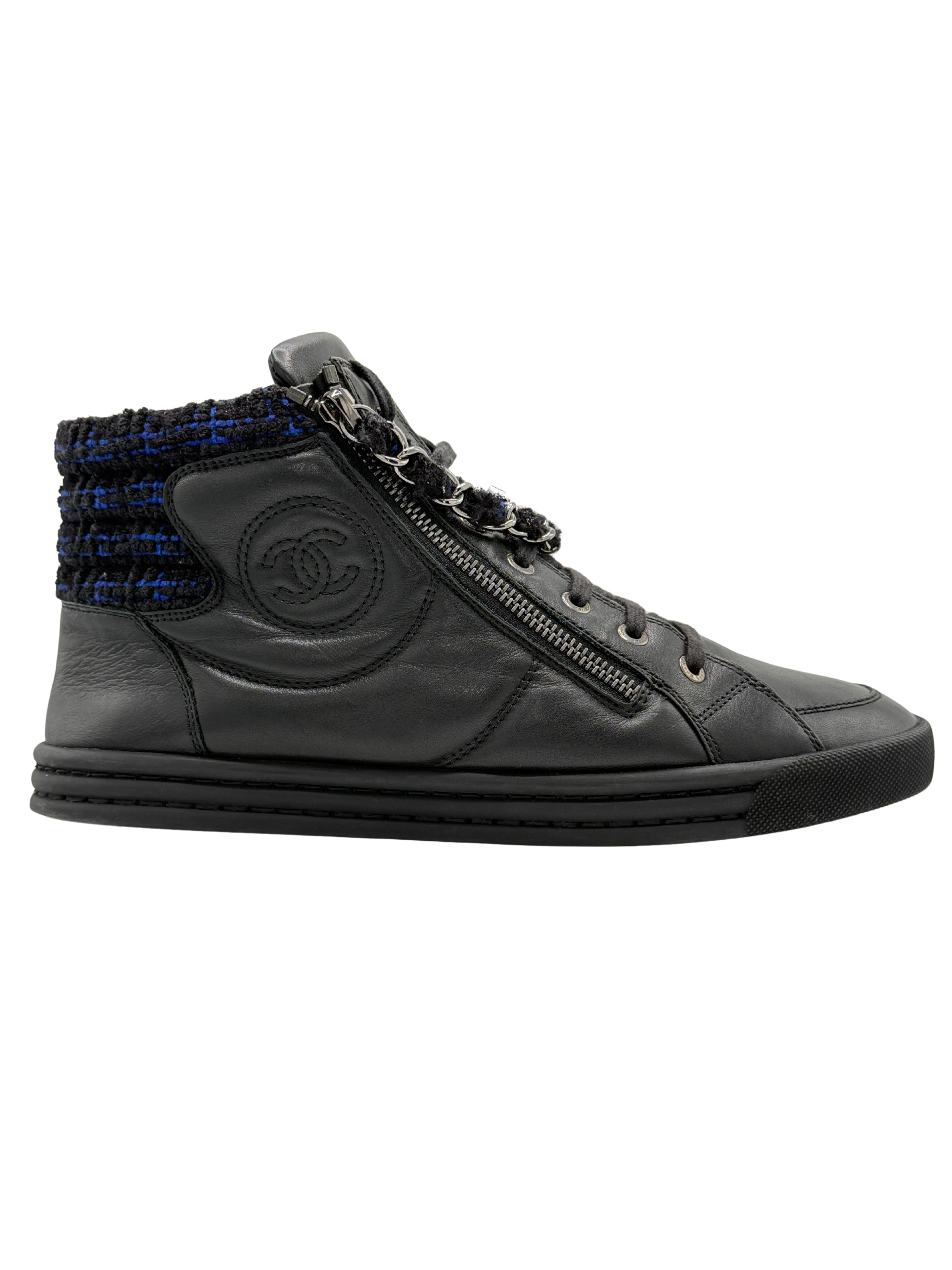 WOMEN'S Chanel Black Leather CC Chain Link High Top Sneakers - Black