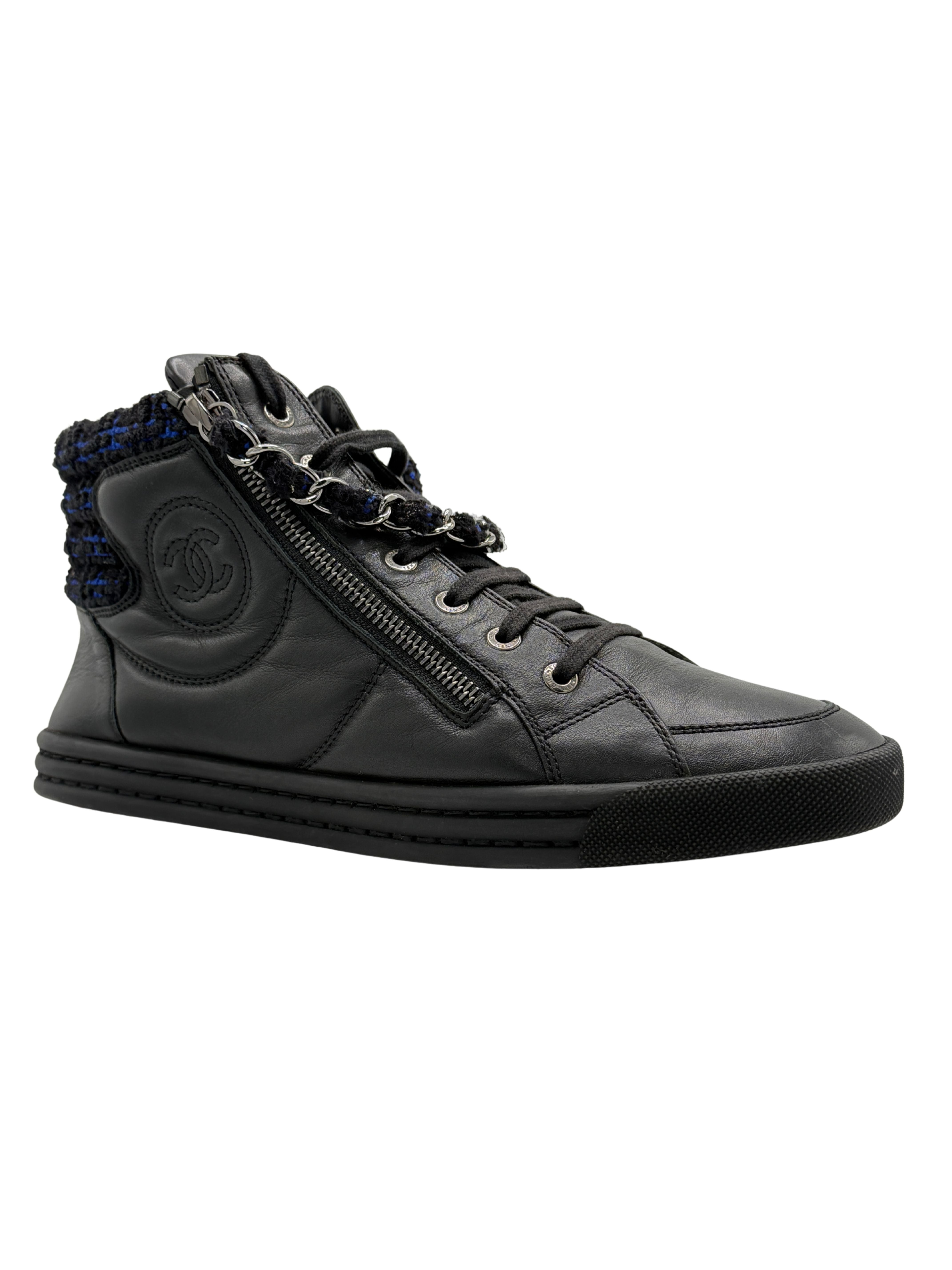 WOMEN'S Chanel Black Leather CC Chain Link High Top Sneakers - Black