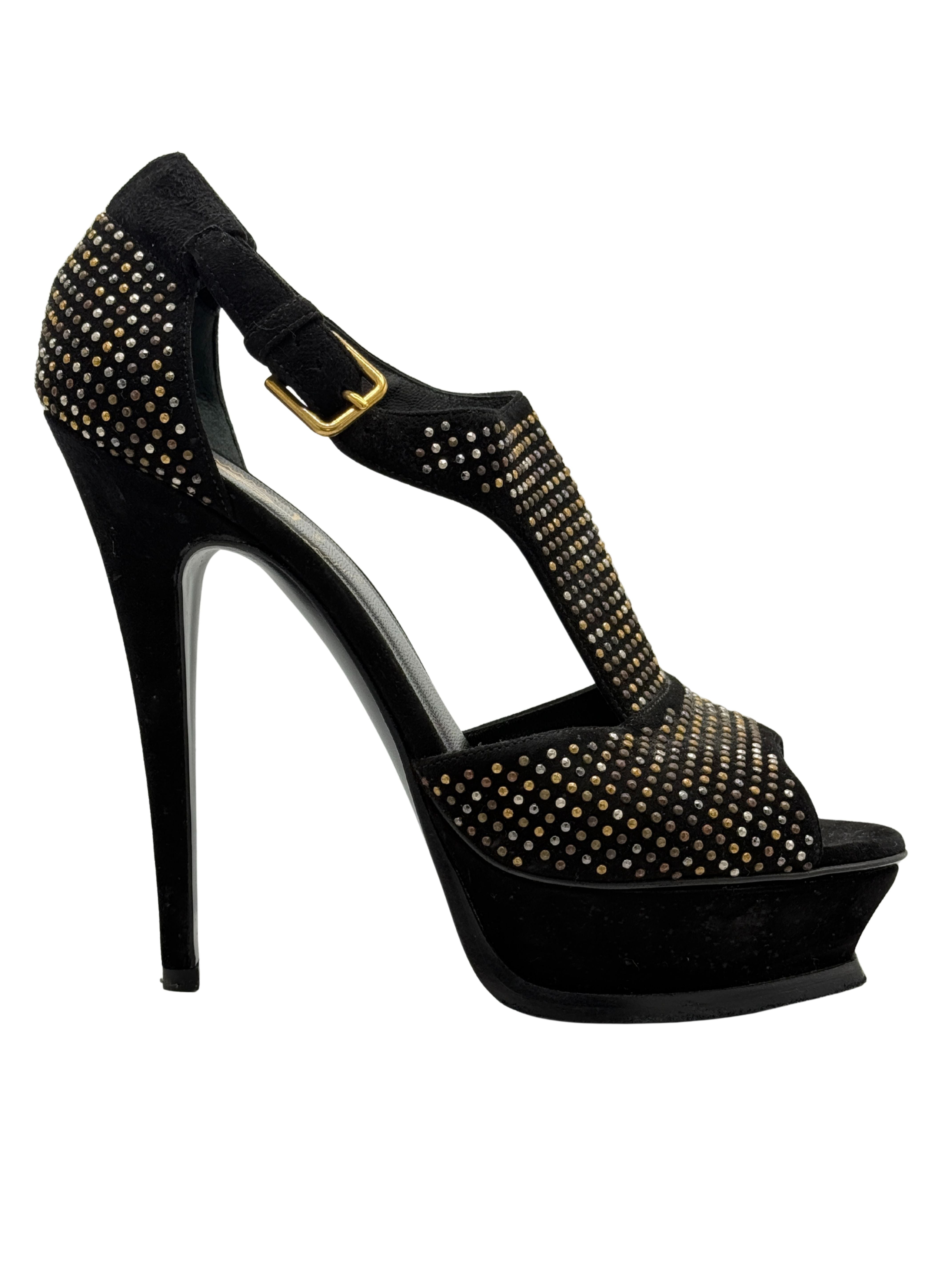 Yves Saint Laurent Studded Peep Toe Platform Sandals - Black