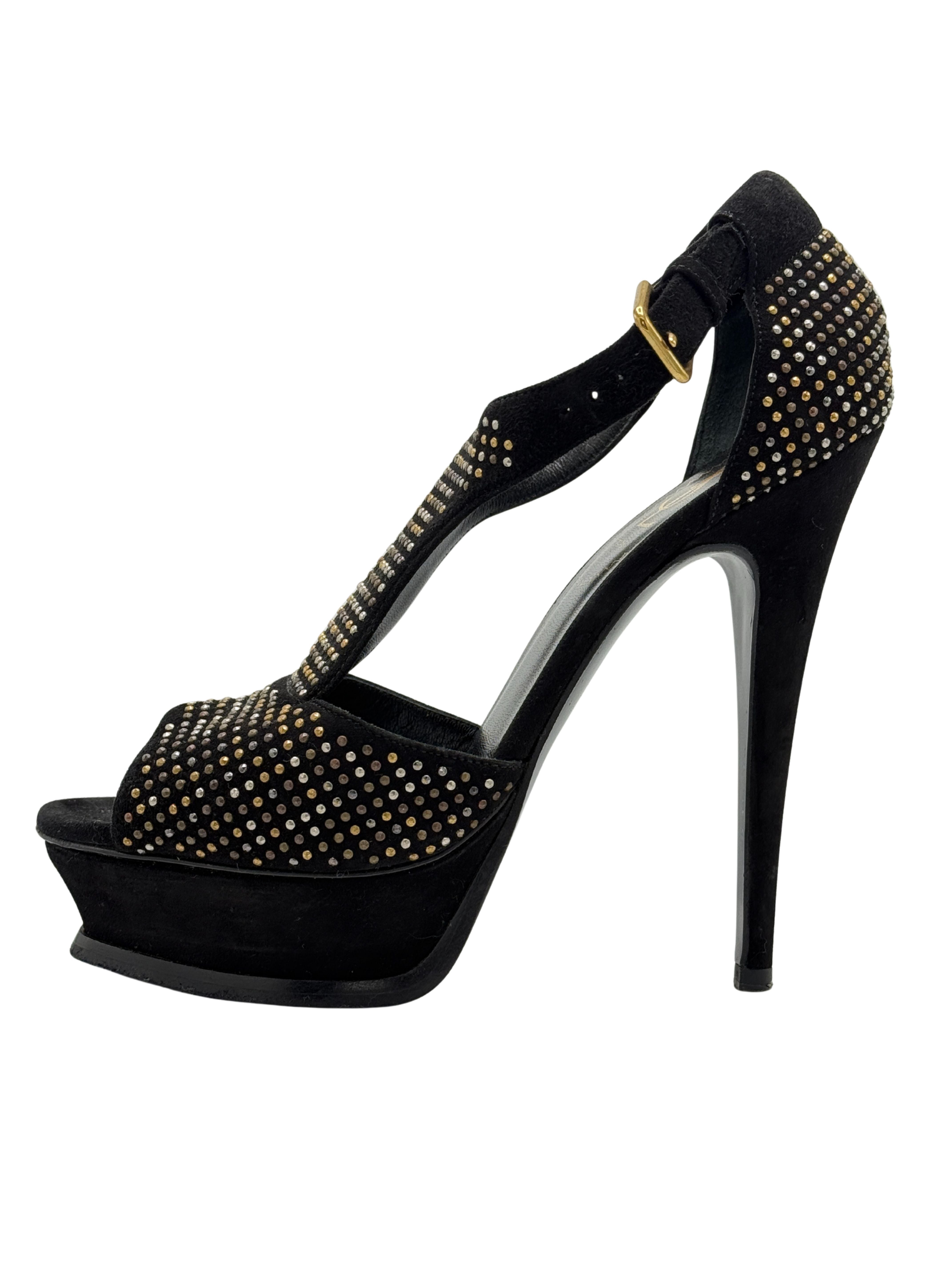 Yves Saint Laurent Studded Peep Toe Platform Sandals - Black