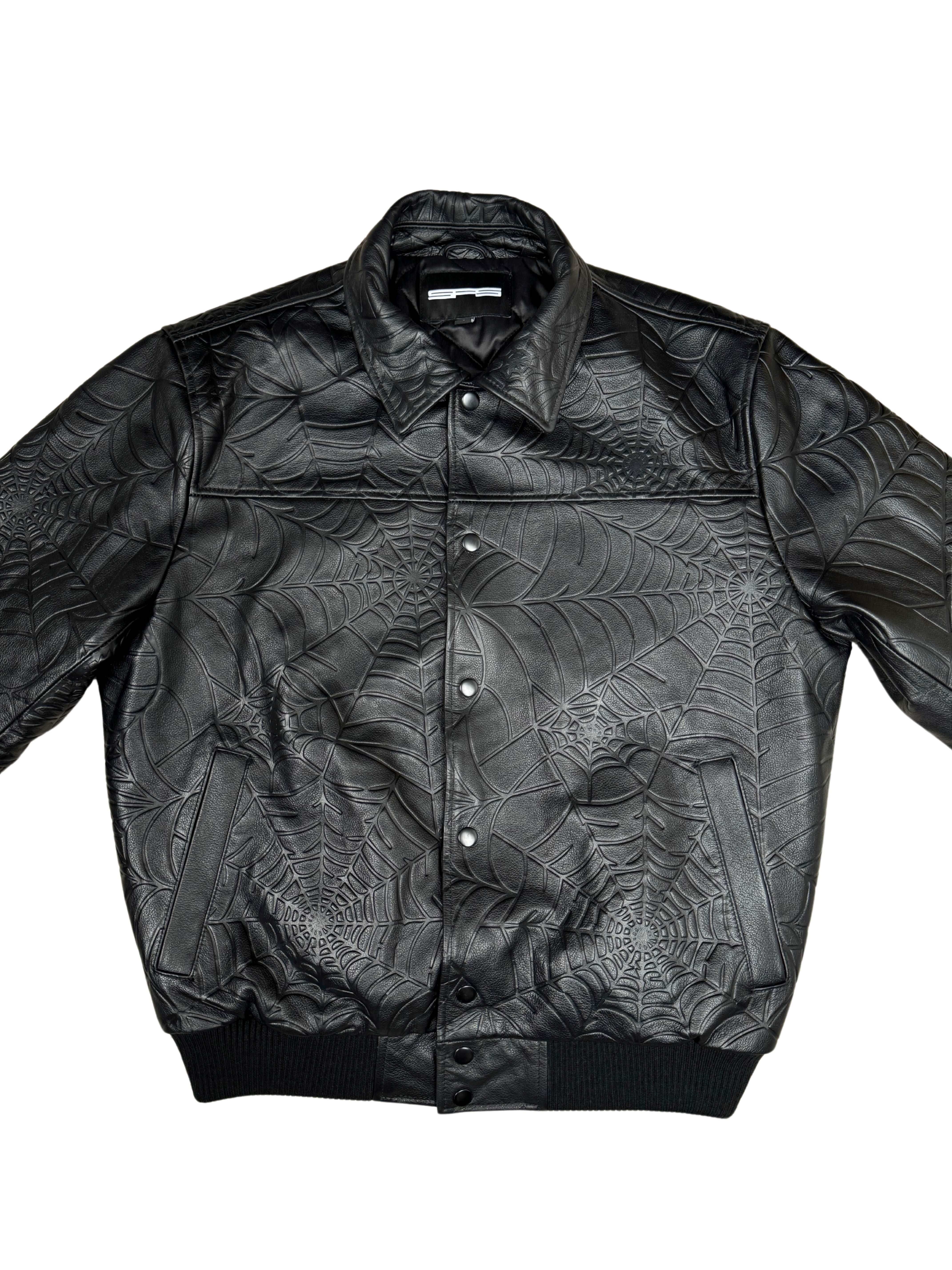 Sp5der Debossed Web Leather Jacket - Black