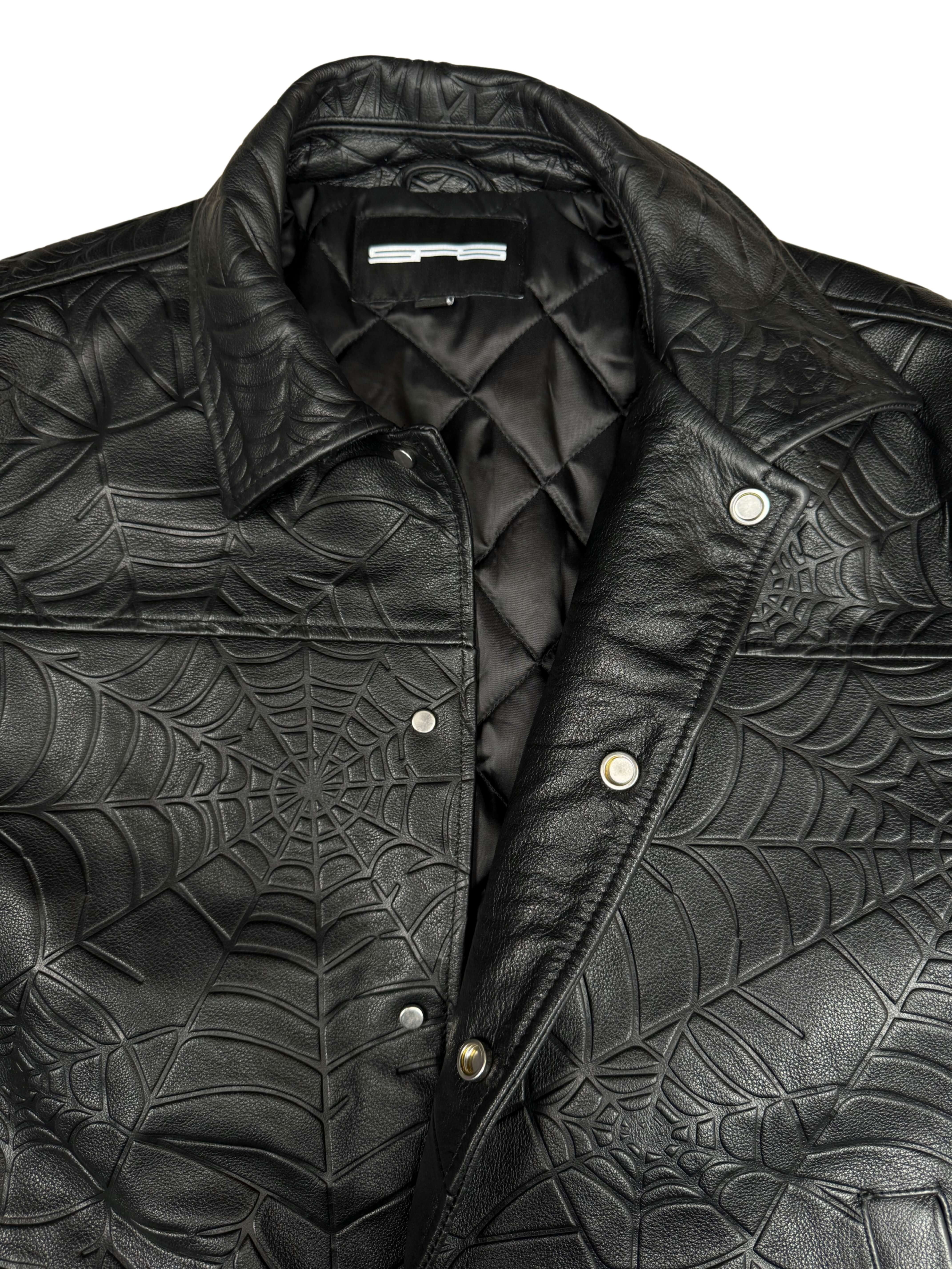 Sp5der Debossed Web Leather Jacket - Black Sp5der