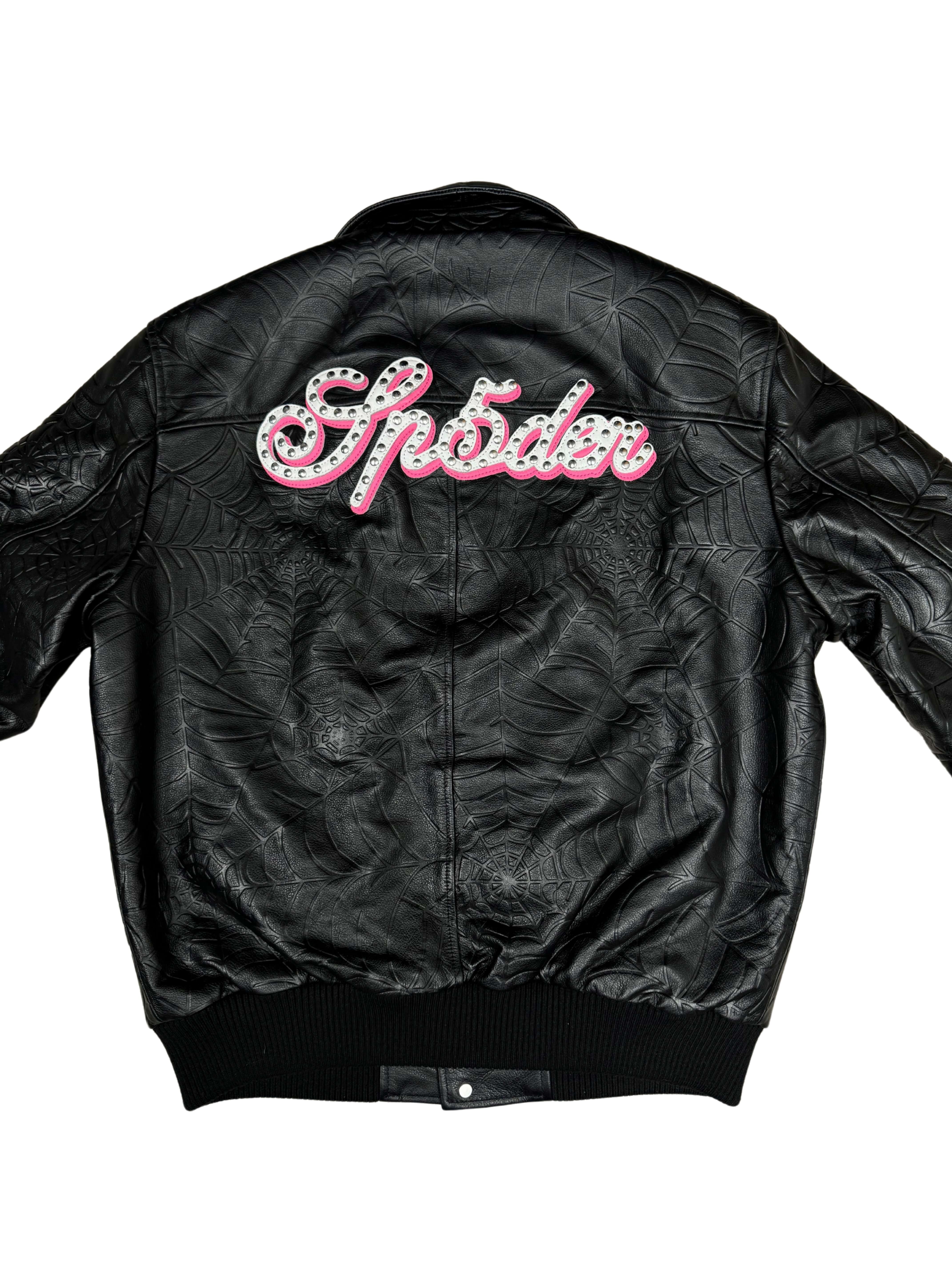 Sp5der Debossed Web Leather Jacket - Black Sp5der
